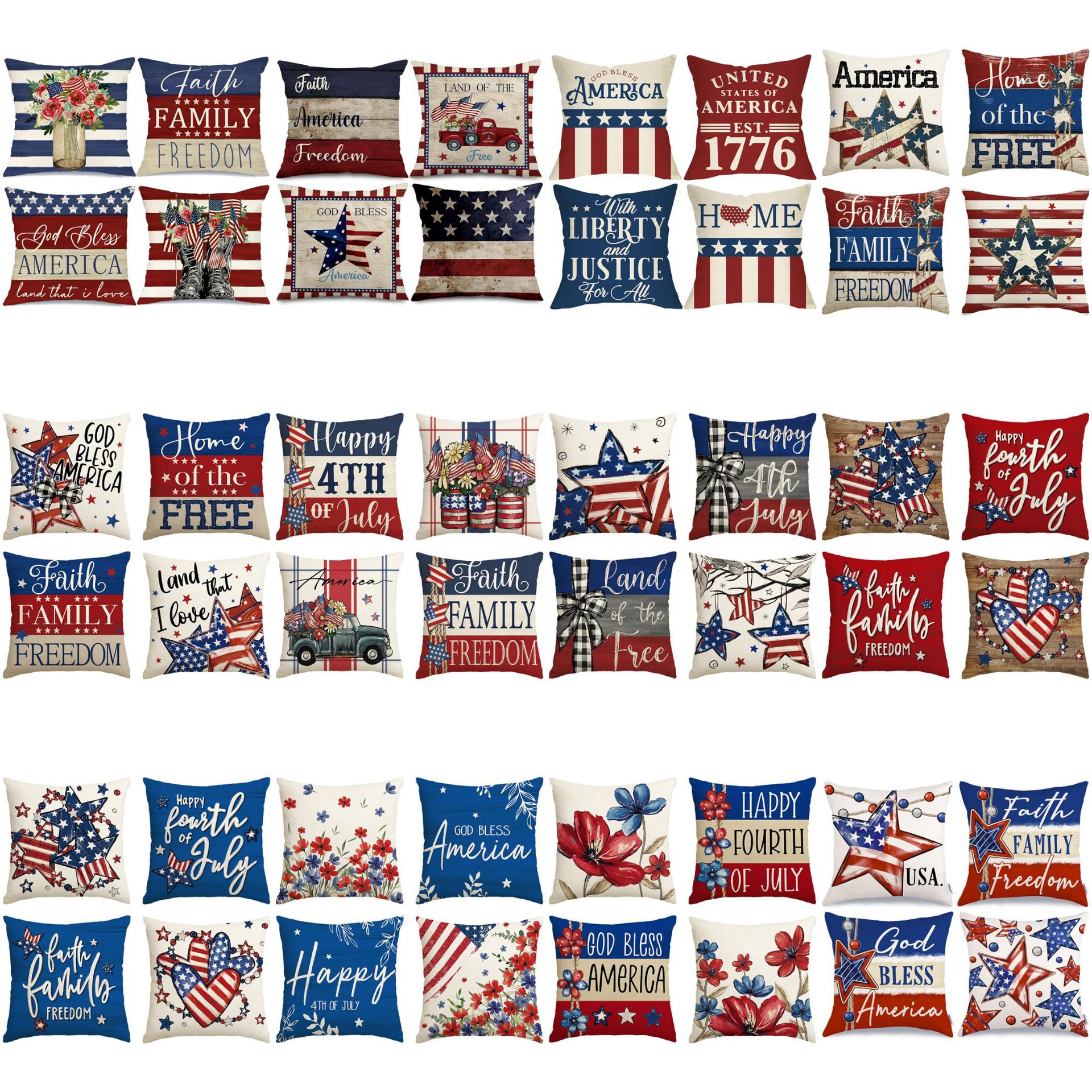 Hot Sale Independence Day Floral Red White Blue Pillowcase Linen Print Home Outdoor Sofa Decorative Cushion Cover