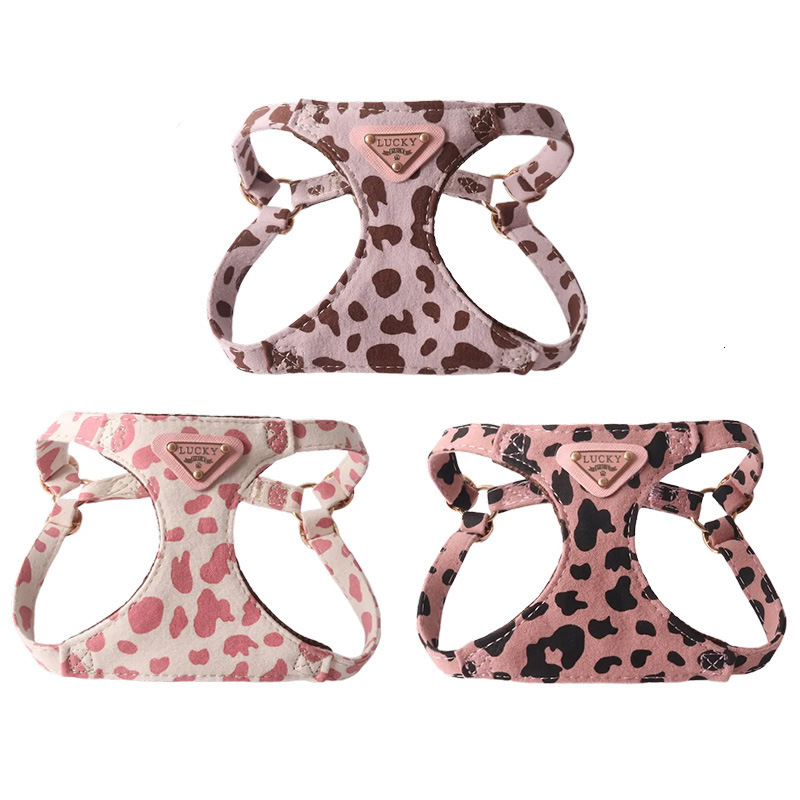 Pet Clothing Cow Pattern Triangle Nameplate Harness Set Double Hook Leash for Small and Medium Dogs Cats Outdoors Everyday Outfits Breathable Mesh Ves