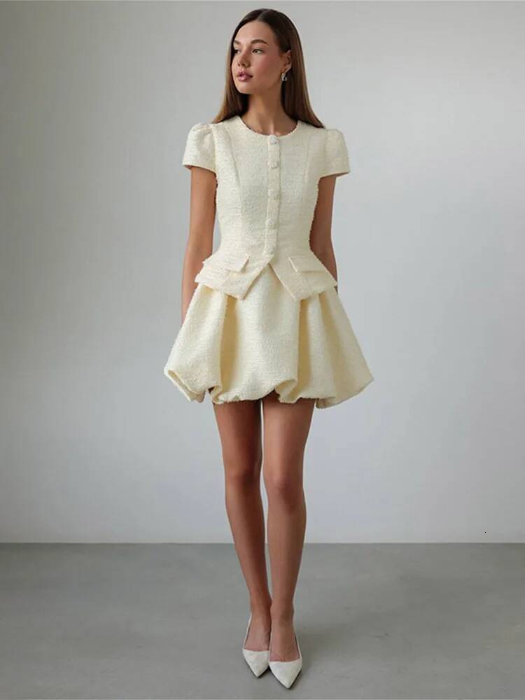 Fashion Tweed Mini Sets For Women Single Breasted Short Sleeve Shirts High Waist Tutu Skirts 2 Piece Suits Lady Outfits dongdumaoyi
