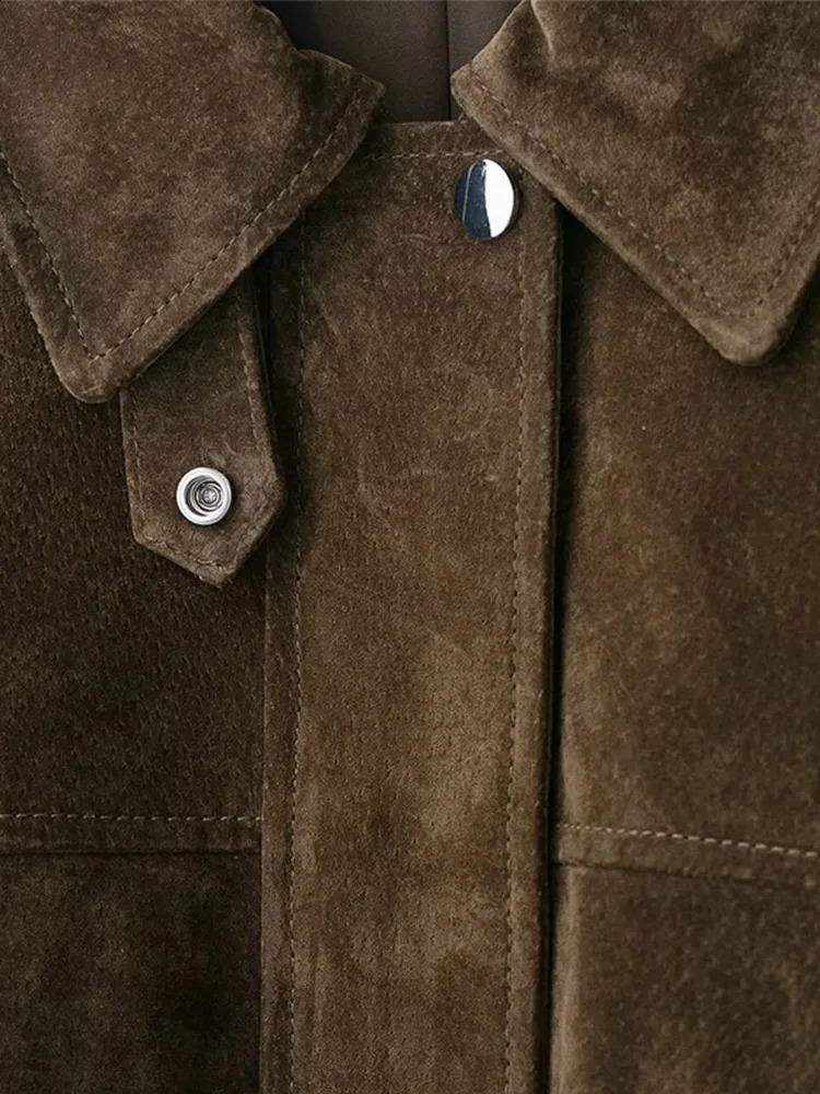 Elegant Suede Coats Women Turndown Collar Full Sleeve Zipper Pocket Jackets Autumn Winter Female Daily Casual Outerwear 250827