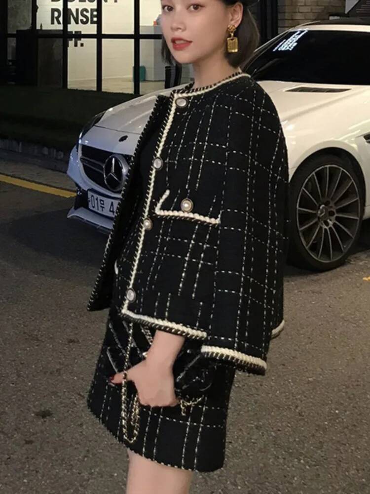 European Style Autumn Winter 2 Short Woolen Tweed Jacket Coat & Bodycon Mini Skirt Set Women Two Piece Outfits dongdumaoyi