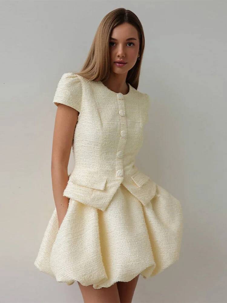 Fashion Tweed Mini Sets For Women Single Breasted Short Sleeve Shirts High Waist Tutu Skirts 2 Piece Suits Lady Outfits dongdumaoyi