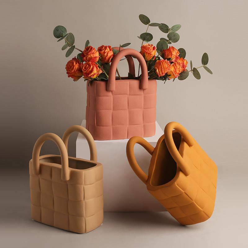 Nordic Creative Handbag Vase Morandi Ceramic Flower Arrangement Living Home Model Room Decorative Ornament ddmythur