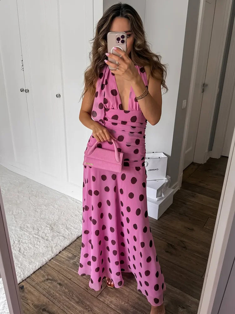 Trendix Pink Print Pleated Maxi Dress Womens Summer V Neck Sexy Backless Vintage Long Dresses Fall Party Elegant Dress 250826