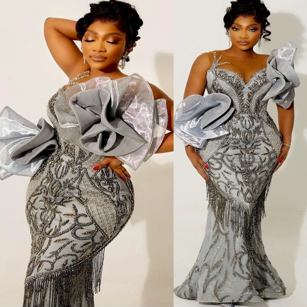 Mermaid Silver Prom Dresses 2025 Beaded Tassels Flowers Sequined Evening Formal Party Second Birthday Engagement Gowns Plus Size Dress For Special Occ