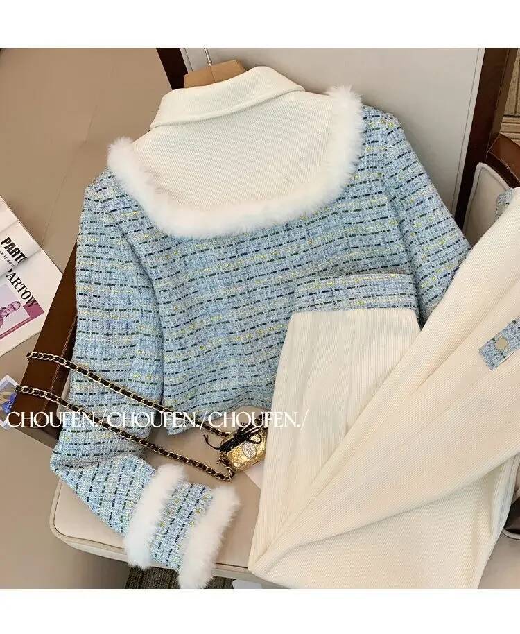 Temperament Tweed Jacket Patchwork Top Plaid Coat Fleece Thick Wide Leg Womens Two Peice Sets Pantalon Femme Chic New Autumn dongdumaoyi