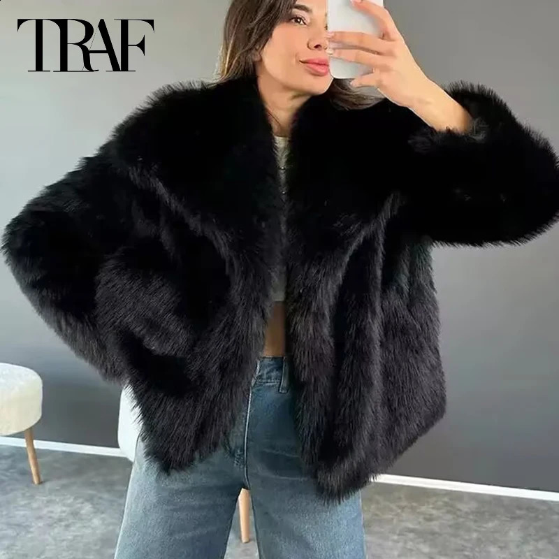 TRAF Womens Coats Winter Cropped Faux Fur Coat Women Autumn Long Sleeve Fluffy Black Jacket Outerwears Warm Plush Short Coats 250826