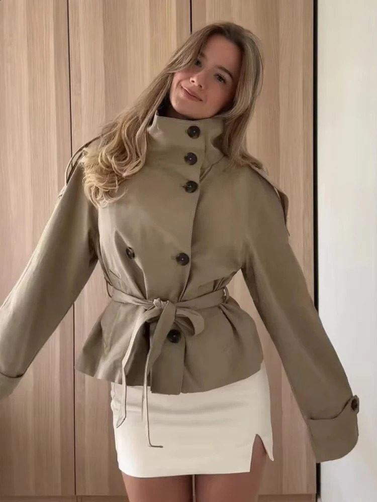 Womens Chic Stand Collar Doublebreasted Belted Waist Cropped Trench Coat Shoulder Epaulets Autumn Casual Street Outerwear 250826