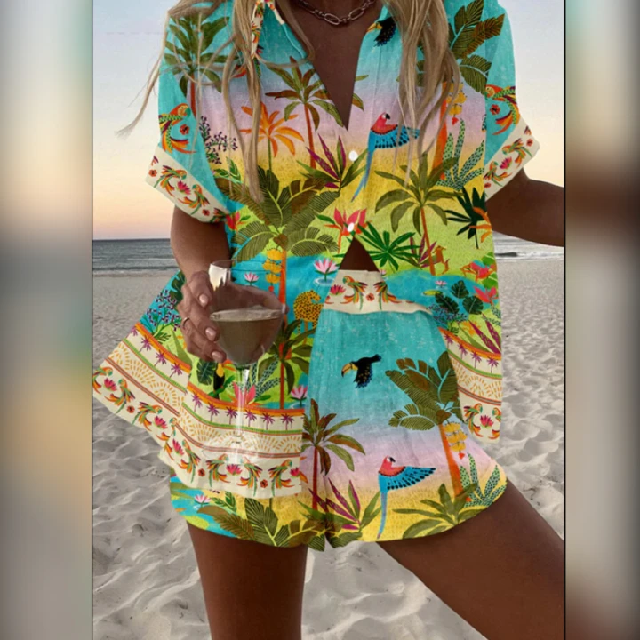 Women's Tracksuits Fashion Print Beach Holiday 2 Piece Set Women Summer Short Sleeve Shirt Top Wide Legs Shorts Oversize Two Outfit
