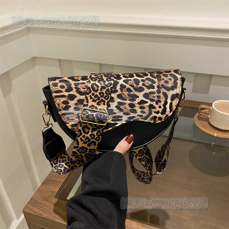 Spliced Design Simple Style Trendy Casual Winter Large Capacity Wide Shoulder Strap Leopard Print Single Shoulder Crossbody Saddle Bag for Women H2508