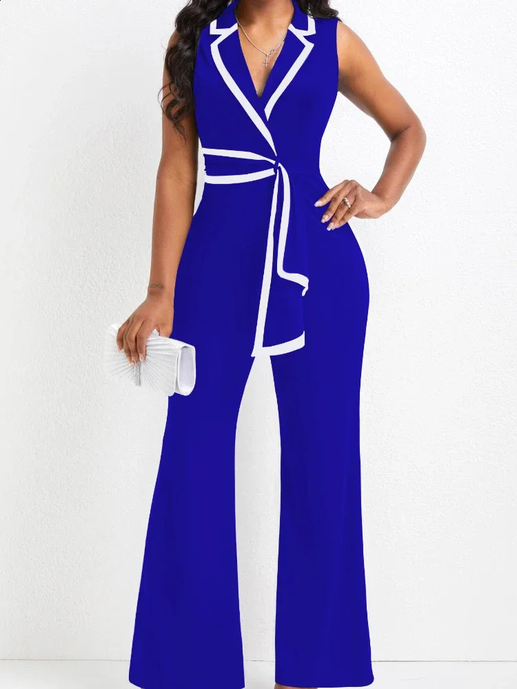 Womens Overalls Outfits Full Length Fashion Summer V Neck Elegant Sleeveless Office Lady Jumpsuit Wide Leg Pants 250827