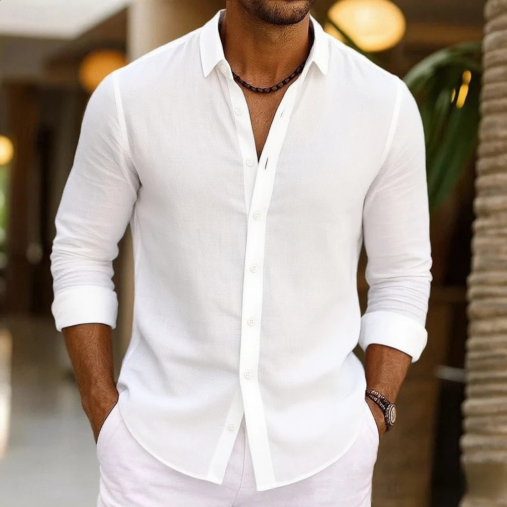 Mens Linen Shirt Summer Beachwear Button Solid Color Cotton Linen Long Sleeve Shirt Vacation Mens Clothing Fast 250827