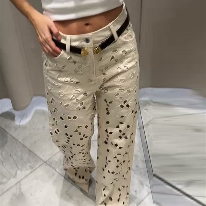 Hole White High Waist Womens Jean Fashion Flower Hollow Out Loose Female Denim Trousers 2025 Summer Autumn Streetwear Jeans Z260313