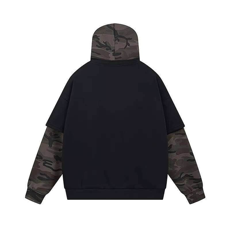 Autumn Winter Men's Retro Style Two-Piece Spliced Camouflage Fleece Hoodies Embroidered Loose Pullover Letter Sweatshirts