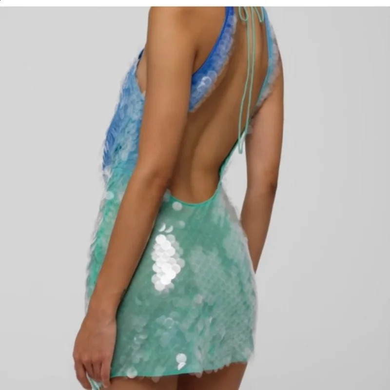 Women Sequin Sparkly Mini Dress Sexy Hollow Out Backless Y2K Halter Neck Dress Glitter Party Club Bodycon Dresses Vestido 250827