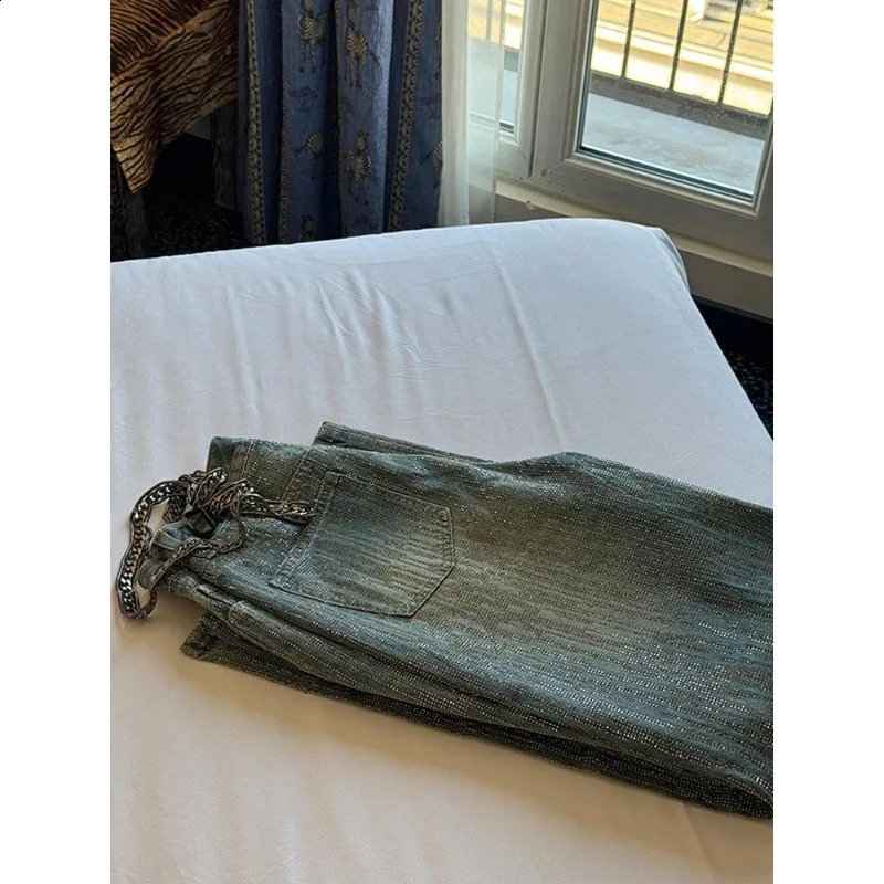 Glitter Rhinestone Baggy Jeans Women Summer Vintage Wash High Waist Straight Wide Leg Pants Nightclub Festival Y2k Clothes 250827