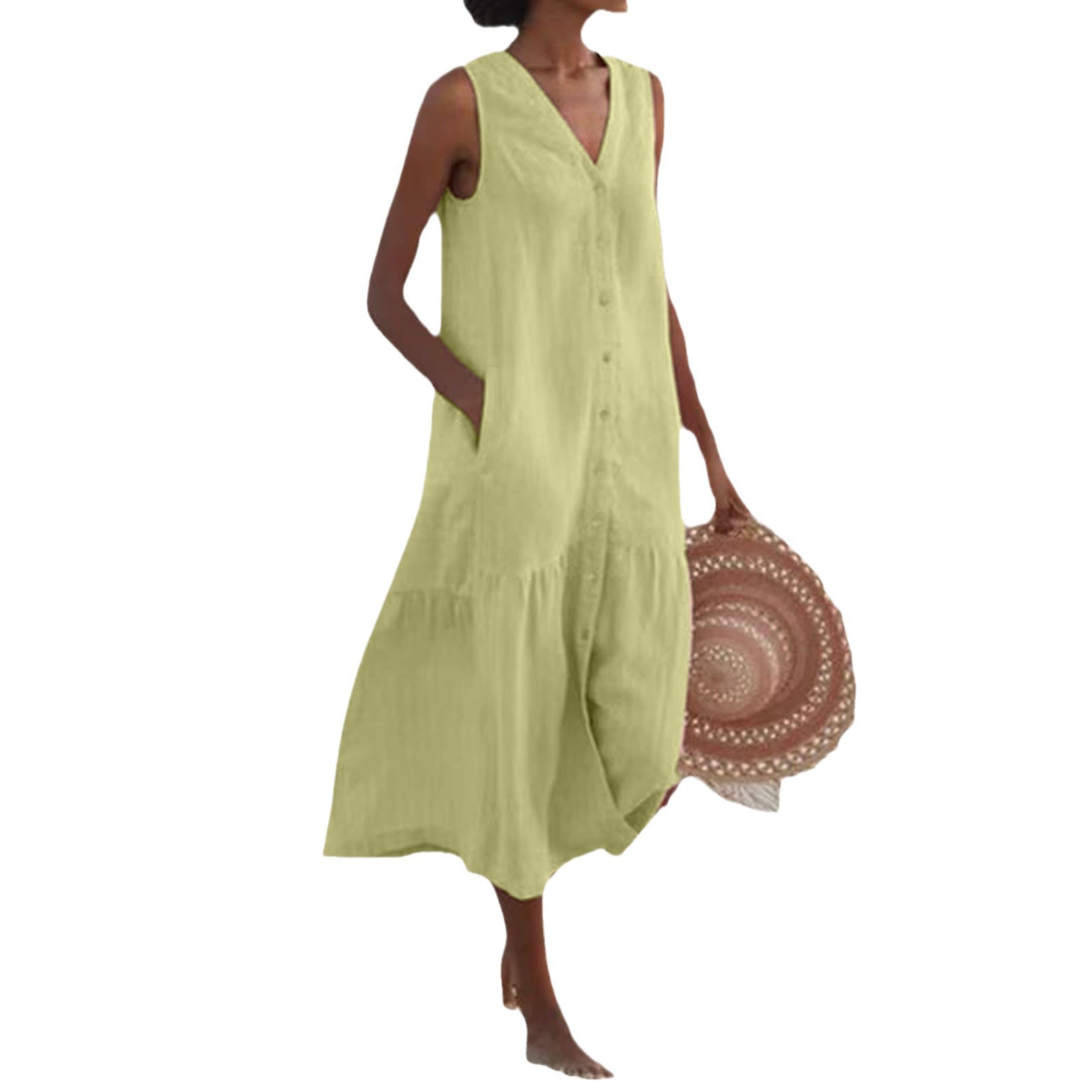 F825Summer foreign trade solid color cotton suspender type temperament commuting trend long skirt loose waist V-neck pink dress