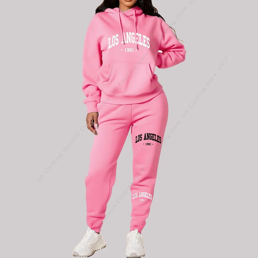 Women Sets Hoodies Pants 2 Piece Outfits Aesthetic Sportswear Sweatsuit Los Angeles Letter Print Suit Ladies Tracksuit Plus Size 250827