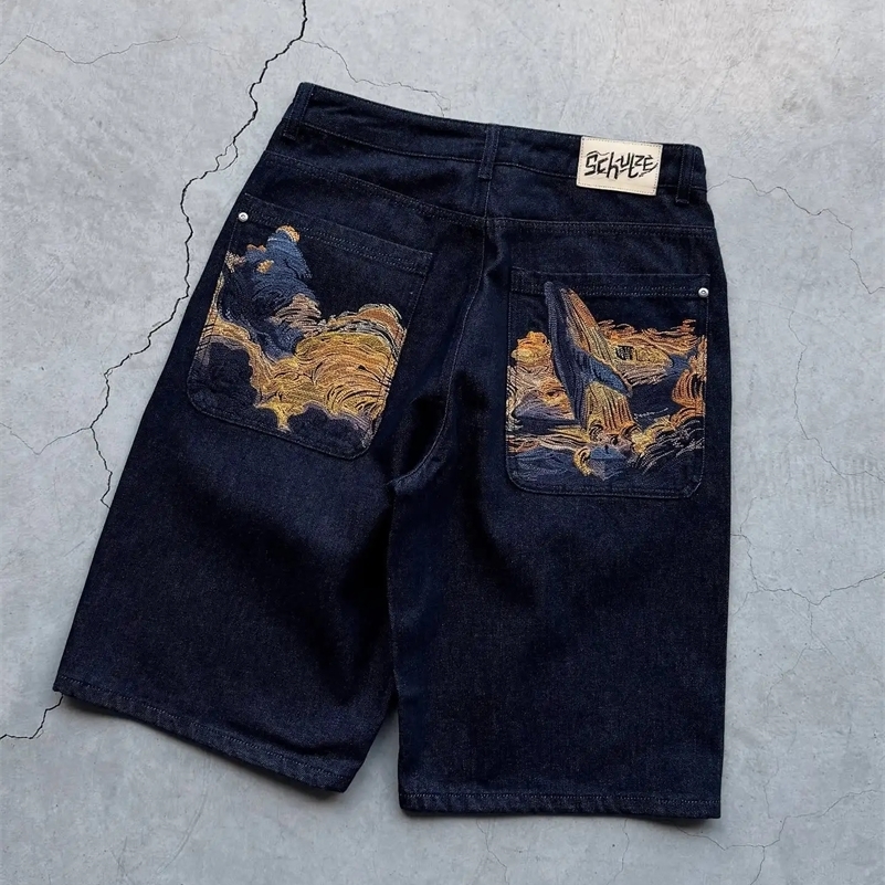 Hip Hop Cartoon Pattern Pocket Embroidery Denim Shorts Y2k Retro Baggy Dark Blue Jeans Short Men Women Street Skateboard Jorts 250827