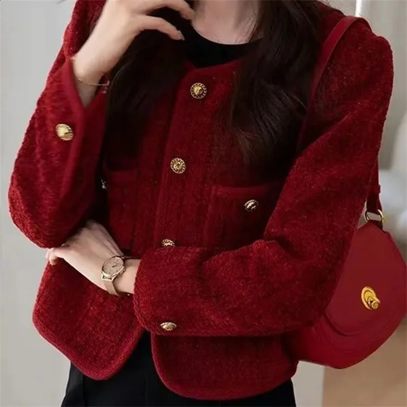 Womens Jacket 2024 Spring Autumn Red Tweed Small Fragrance Coat Short Blazers Korean Fashion Elegant Female Tops Outerwear 250827