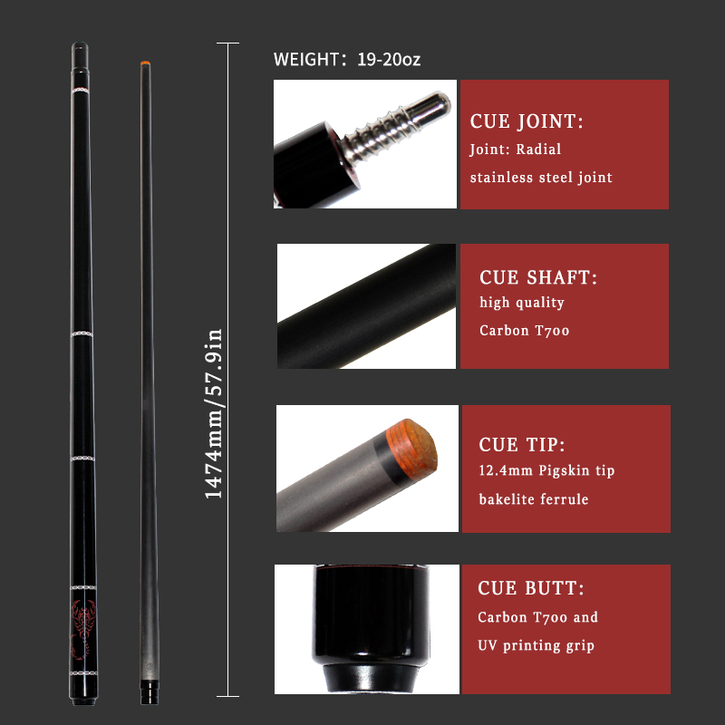 OKHEALING 1/2 Split Pool Cue Billiard Stick Carbon Fiber Billiard Cue 12.9mm Bakelite Tip Radial Pin / 8 Teeth Joint Length 1474mm/58inch Weight 20oz,