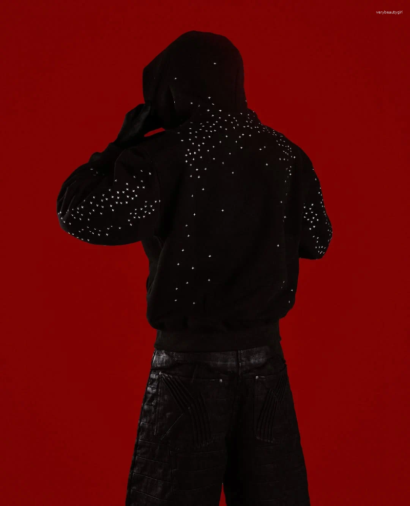 Men's Hoodies Spring American Rhinestone Design Cardigan Zipper Sweatshirt Trendy Brand High-end Couple Casual Short Gothic Jacket