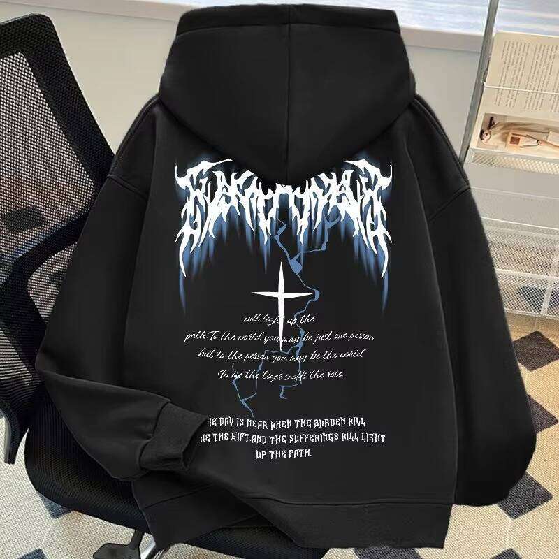 High Street Fashion Men's Hooded Sweatshirt American Brand's Lighing Cross Printed Cotton Loose Fit Winter Hoodie