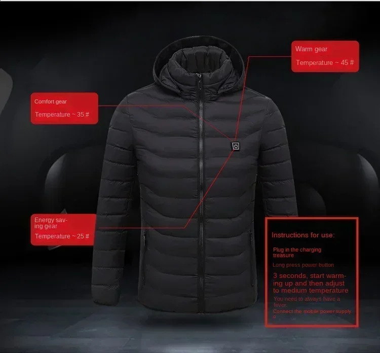 Men Heated Jackets Outdoor Coat USB Electric Battery Long Sleeves Heating Hooded Jackets Warm Winter Thermal Clothing 250827