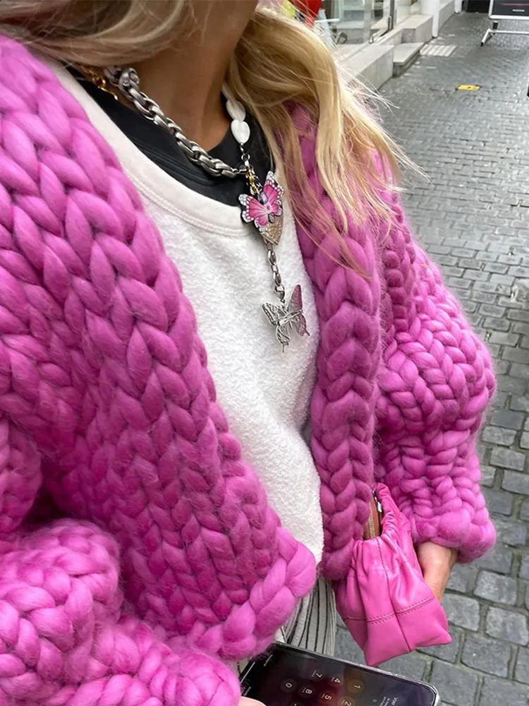 Casual Knitted Cardigan Women Solid Vneck Crochet Twist Sweater Long Sleeve Loose Outcoat Autumn Winter Thicken Tops Lady 250828