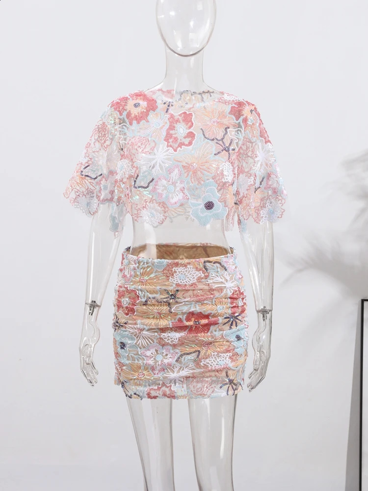 Sparkly Sequin Maxi Skirts Suits Set Lace Sheer Crop Top Long Skirt 2Piece Glitter Floral Pattern Evening Party Women Outfit 250827