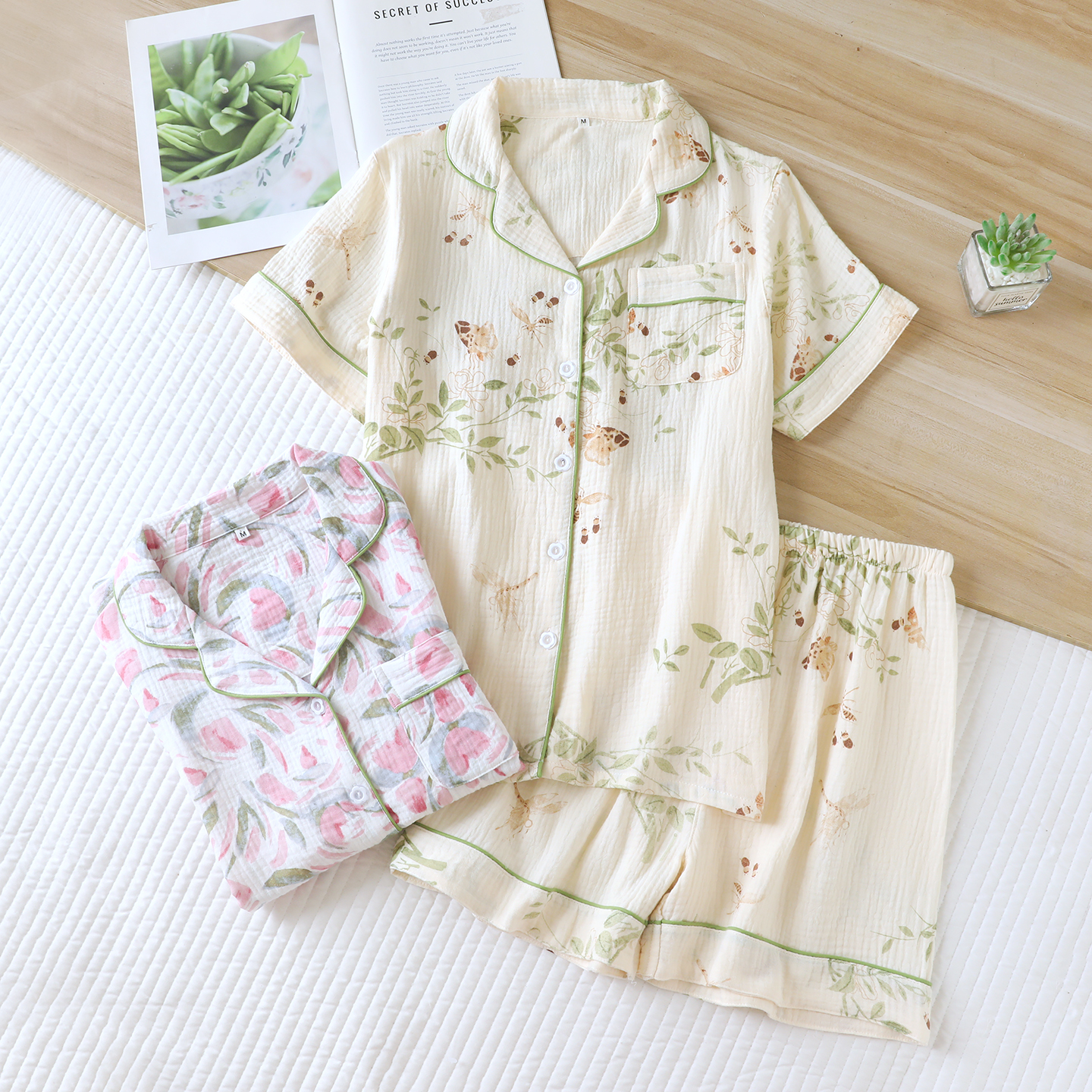 New summer gauze sleepwear set, women's short sleeved shorts, casual two-piece set, summer cotton yarn crepe fabric home wear