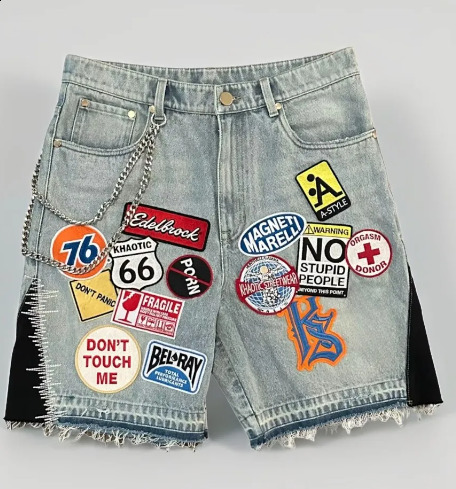 Streetwear Vintage Denim Shorts Y2K Men Women Hip Hop Cartoon Pocket Embroidery Baggy Shorts Over The Knee Pants Casual Shorts 250827