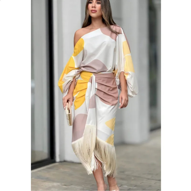 Two Piece Set Women Dress Outfit Spring Fashion Print Lantern Sleeve Diagonal Collar Top Tassel Hem High Waist Skirt Set 2 Piece 250827