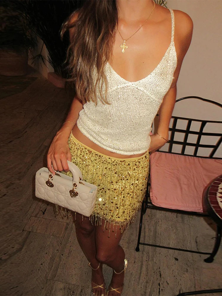 Tassel Sequined Short Tops Skirts Sets Women Green Sling Crop Vest Glitters High Waist Mini Skirt Sexy Club Lady 2 Pieces Set 250827