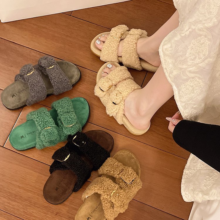 Hot free shipping desiger slippers for womens flat slippers green black beige grey brown Velvet toe wrapped slippers