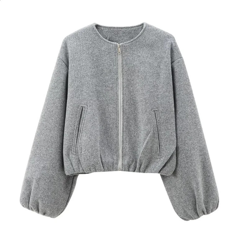 TRAF Outerwears Cropped Bomber Jacket Women Autumn Long Sleeve Faux Wool Coats For Woman Winter Zip Up Gray Beige Short y250827