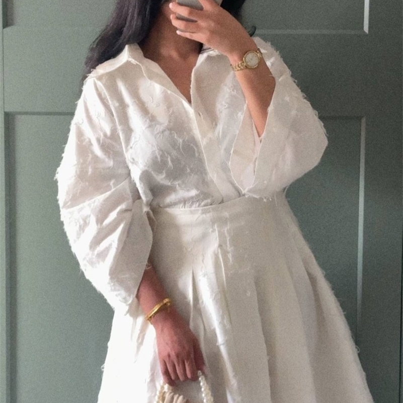 Two Piece Set Of Fringed Texture Shirt Top ALine Skirt Women Silhouette Blouse Baggy Cinched Waist Pleated Long Skirts Suit 250827