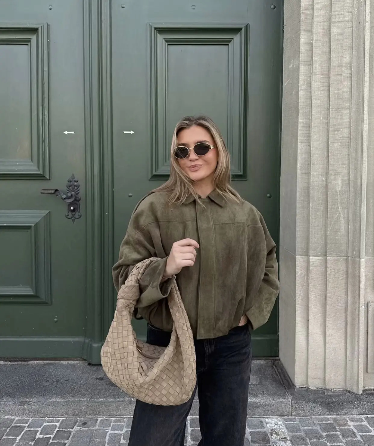Brown Green Suede Jacket Women Lapel Zipper Long Sleeve Pockets Bomber Coat 2025 Spring Autumn Lady Loose Motorcycle Outwears 250827