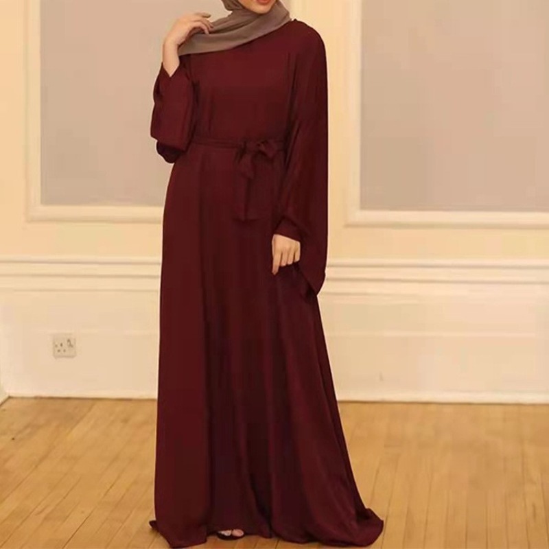 (681) Customized Loose Large Size Belted Solid Color Mid-length Dress