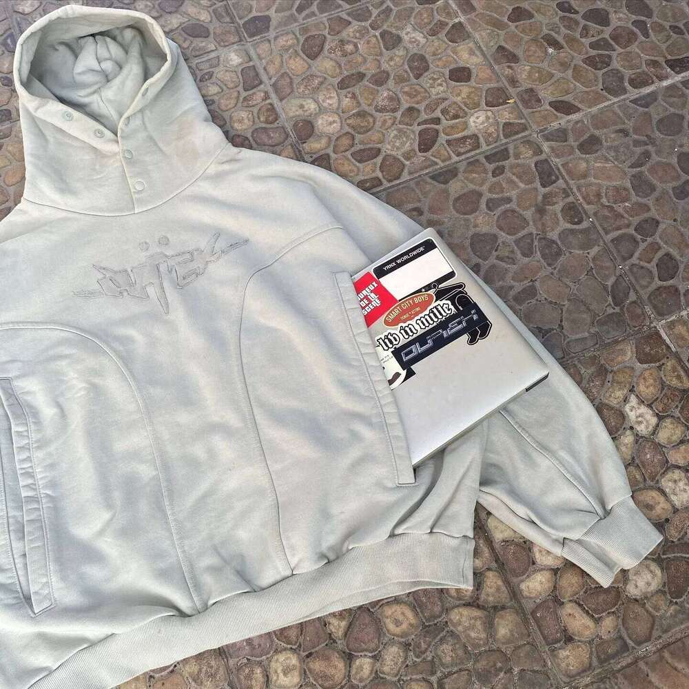 Gothic Letter Embroidered Pullover Clothes Y2k Hoodies Women Haruku Oversized Pockets Button Stand Collar Sweatshirt Hoodie