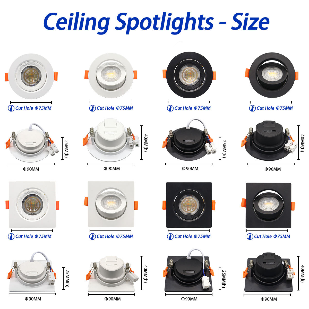 led spotlights, embedded ceiling bull's eye lights, 3W, 5W, 7W, 12W, 7.5 cm living room hole lights, three-color variable light downlights-SD