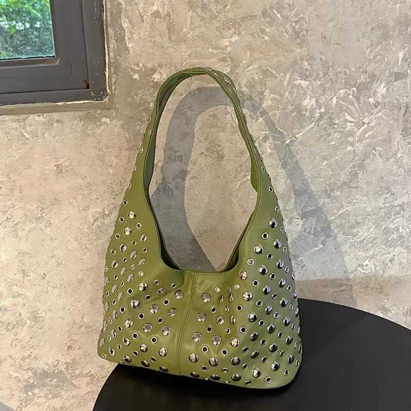 Fashion Punk Metal Rivet Bucket Bag High Quality Yellow Underarm Shoulder Tote Bag 2025 New Trendy Motorcycle Bag Womens Bags R250828