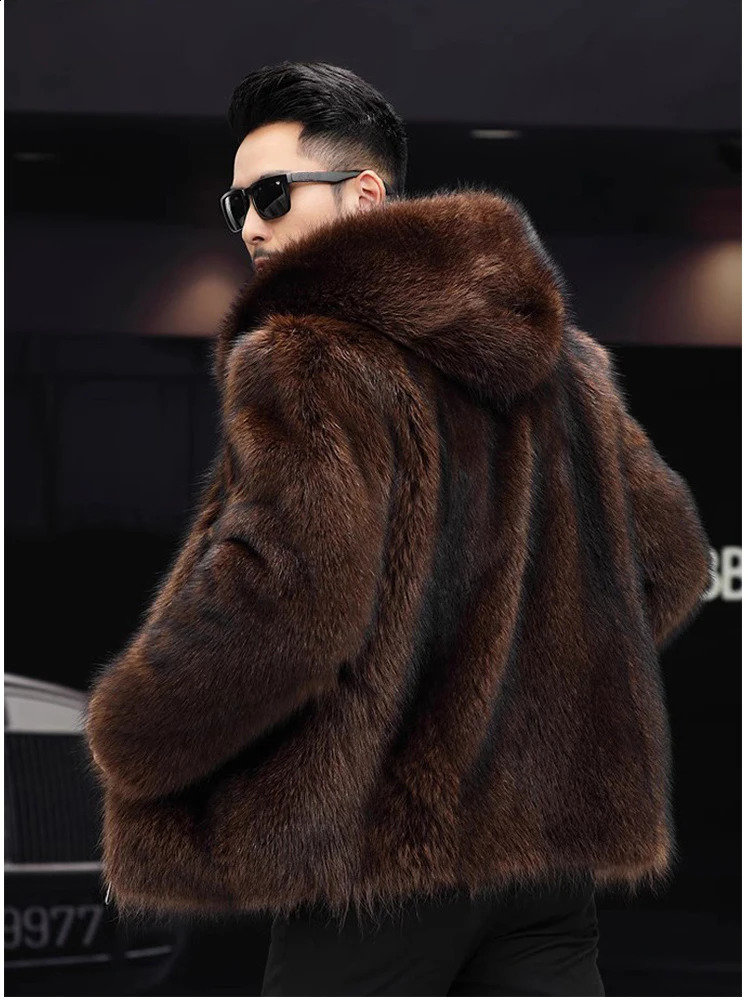 Coffee Fluffy Fur Coat 2024 Winter Warm Faux Men Zipper Hooded Thicken Jacket Furry Outerwear Large Size 250827