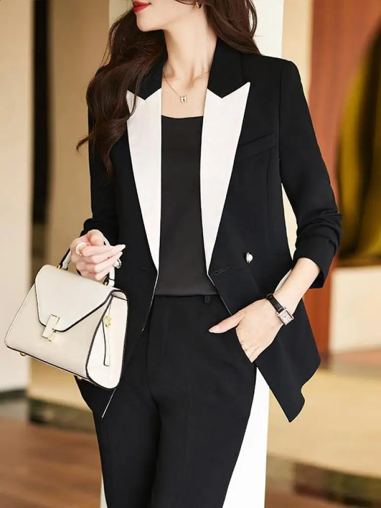 Korean Black White Patchwork Blazer Jacket And Suit Pant Spring Autumn Office Lady Elegant 2 Piece Sets Women High End Outfits 250827