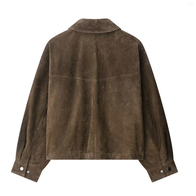 Women's Jackets Autumn Winter Motorcycle Style Jacket Outwear Suede Leather Coat Vintage Brown Maillard Pocket Lapel Casual Loose Bomber