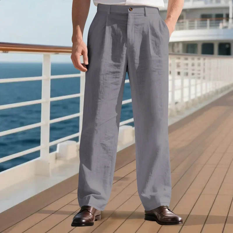 Mens European And American Style Solid Color Linen Casual Suit Pants Fashion Beach WideLeg Trousers 250828