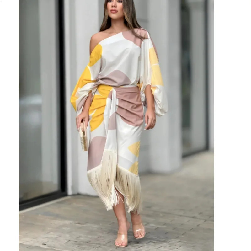 Two Piece Set Women Dress Outfit Spring Fashion Print Lantern Sleeve Diagonal Collar Top Tassel Hem High Waist Skirt Set 2 Piece 250827