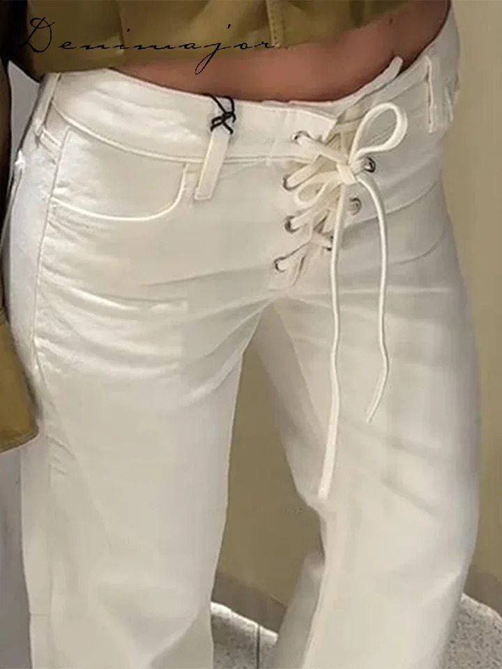 Drawstring Lace Up Jeans Women Loose White Pockets Low Waist Straight Long Pants 2025 Casual Fashion Lady Streetwears Z260313