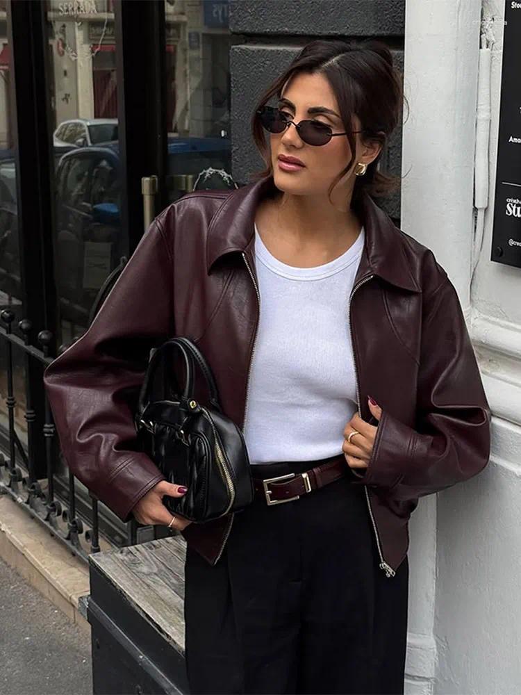 Women's Jackets Burgundy Lapel Leather Short Coat Retro Zipper Long Sleeve Female 2026 Autumn Fashion High Street