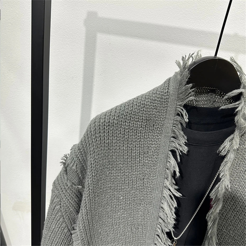 Vintage Raw Edge Knitted Sweater Kimono Cardigans Men Japan Style Streetwear Loose Casual Sweaters Coat Knitwear Jacket 250827